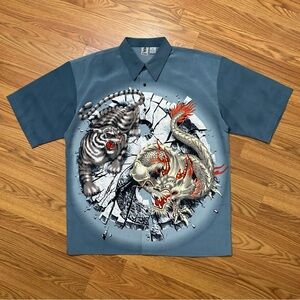 Vintage Y2K Tiger Dragon Yin Yang Button Up Shirt Size XL Baggy Skate Streetwear